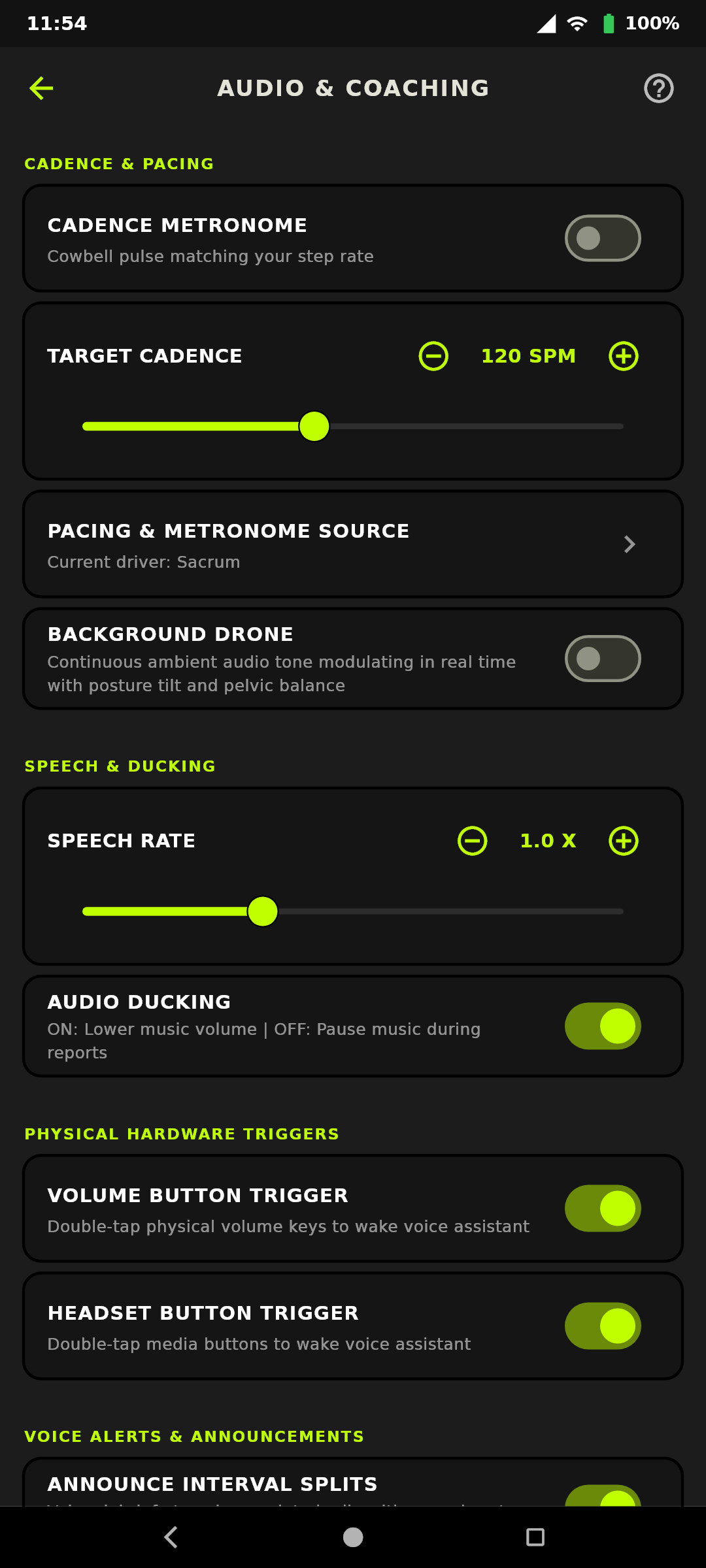 Audio & Coaching Settings: Metronome, Pacing Source & Posture Drone