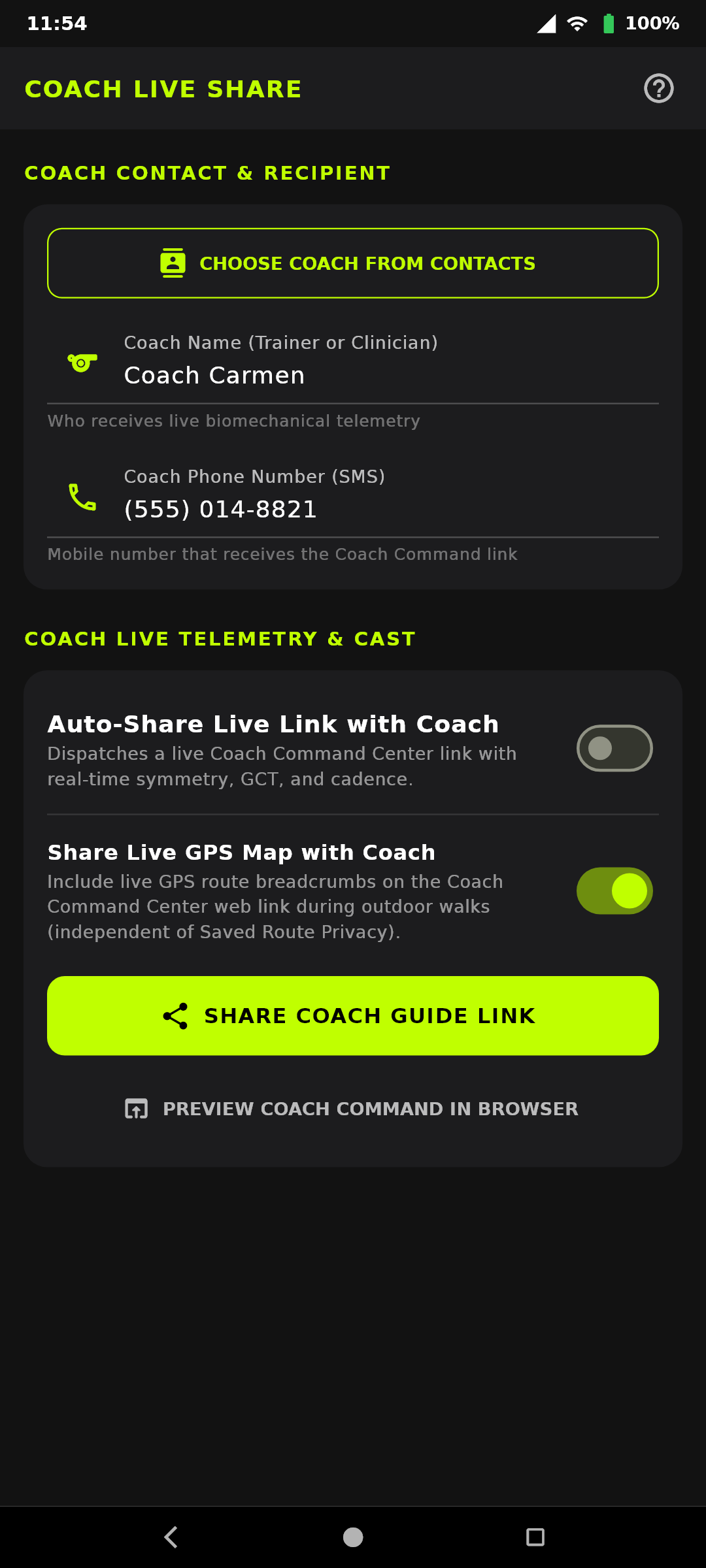 Coach Live Share Settings in the GaitPilot Mobile App