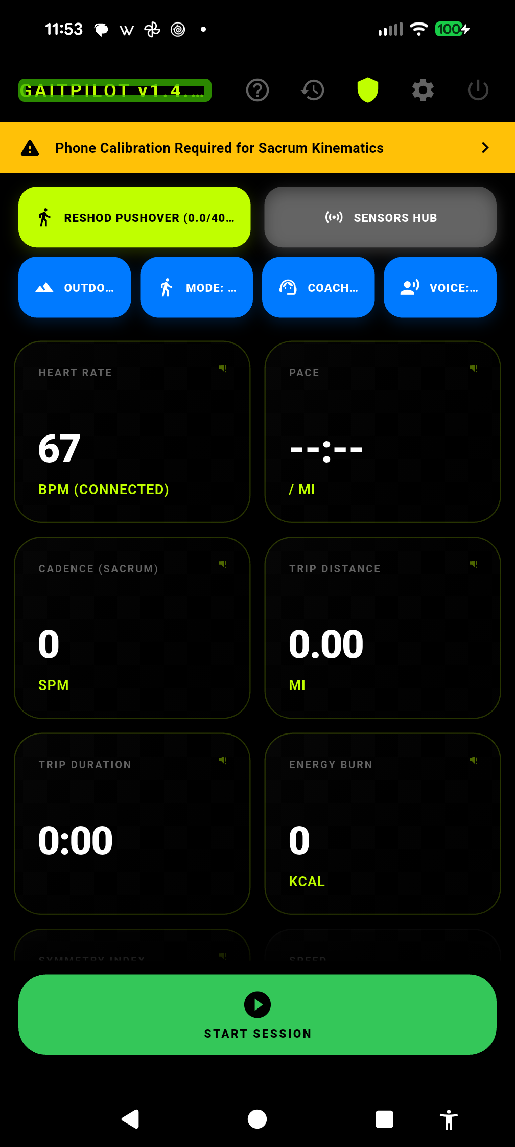 GaitPilot Main Telemetry Dashboard (Live Google Pixel Screen)