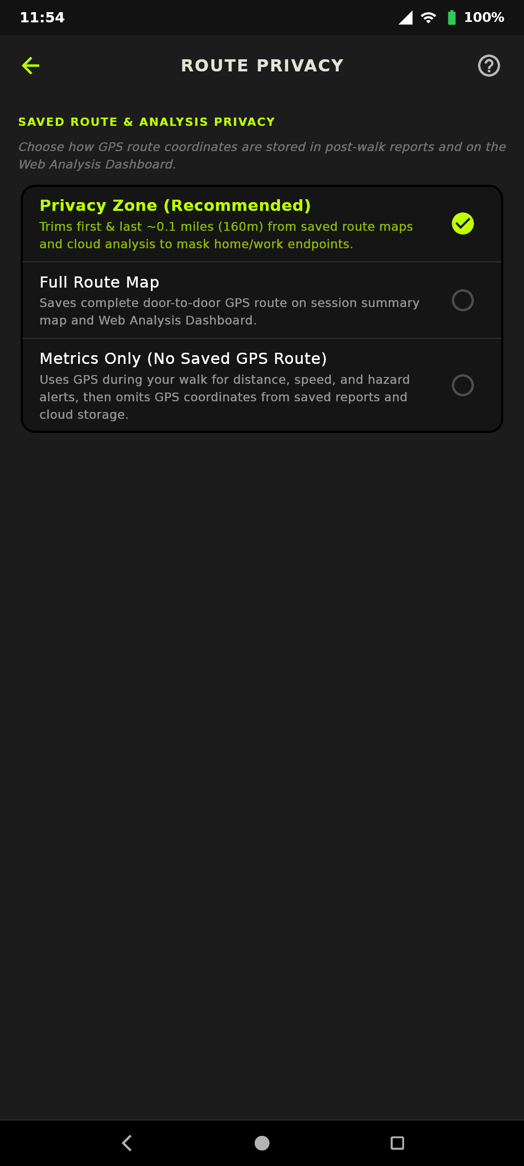 Route Privacy Selector: Privacy Zone, Full Route & Metrics-Only