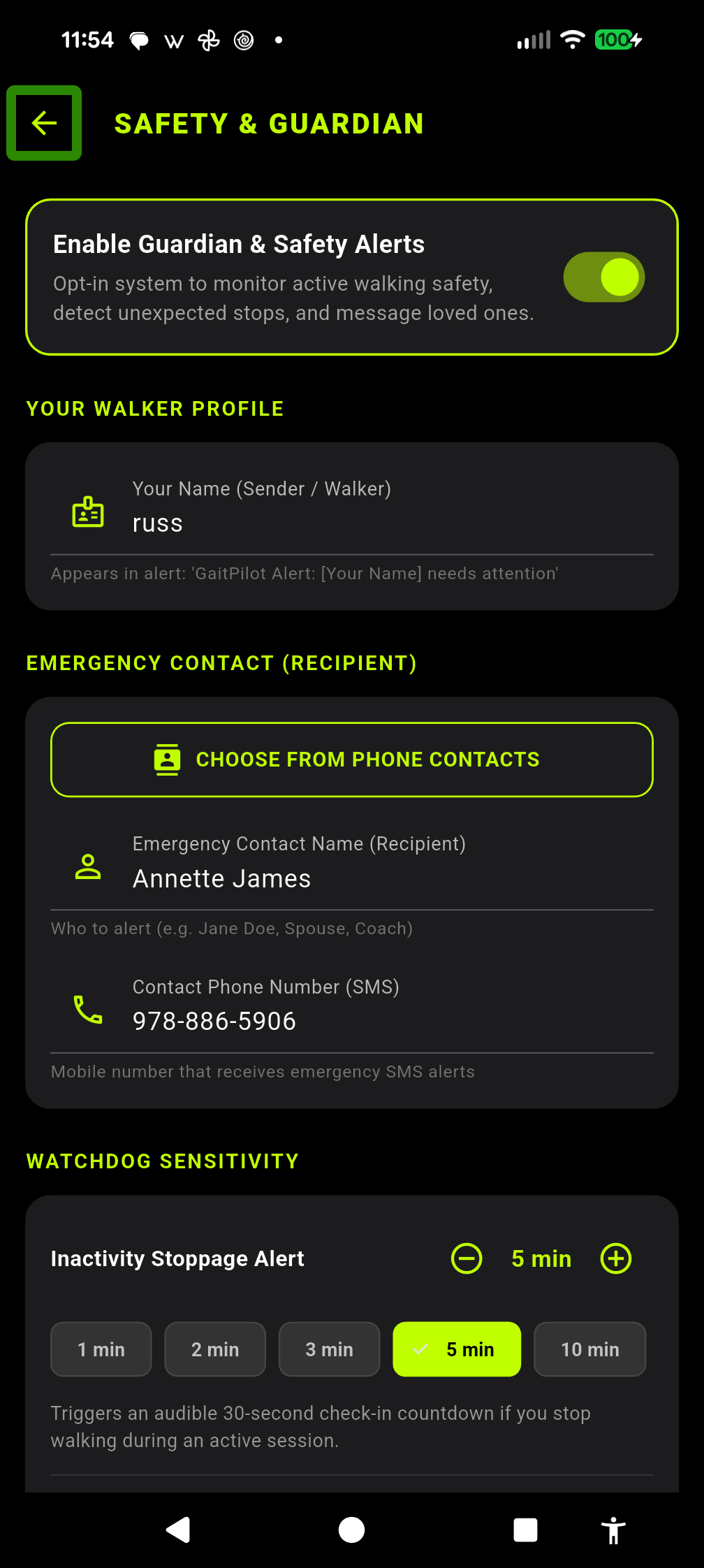 Safety & Guardian Watchdog Settings
