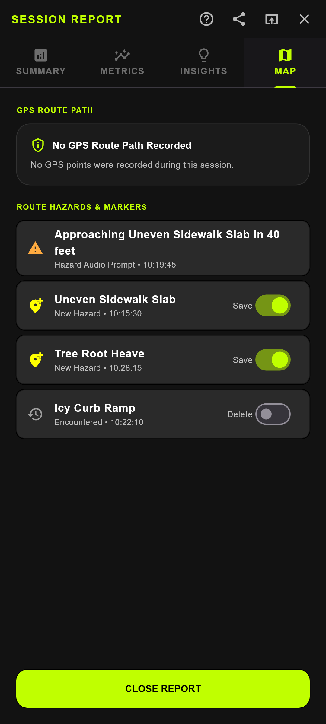 Session Report β MAP Tab: Route Privacy & Hazard Management (Live Google Pixel Screen)