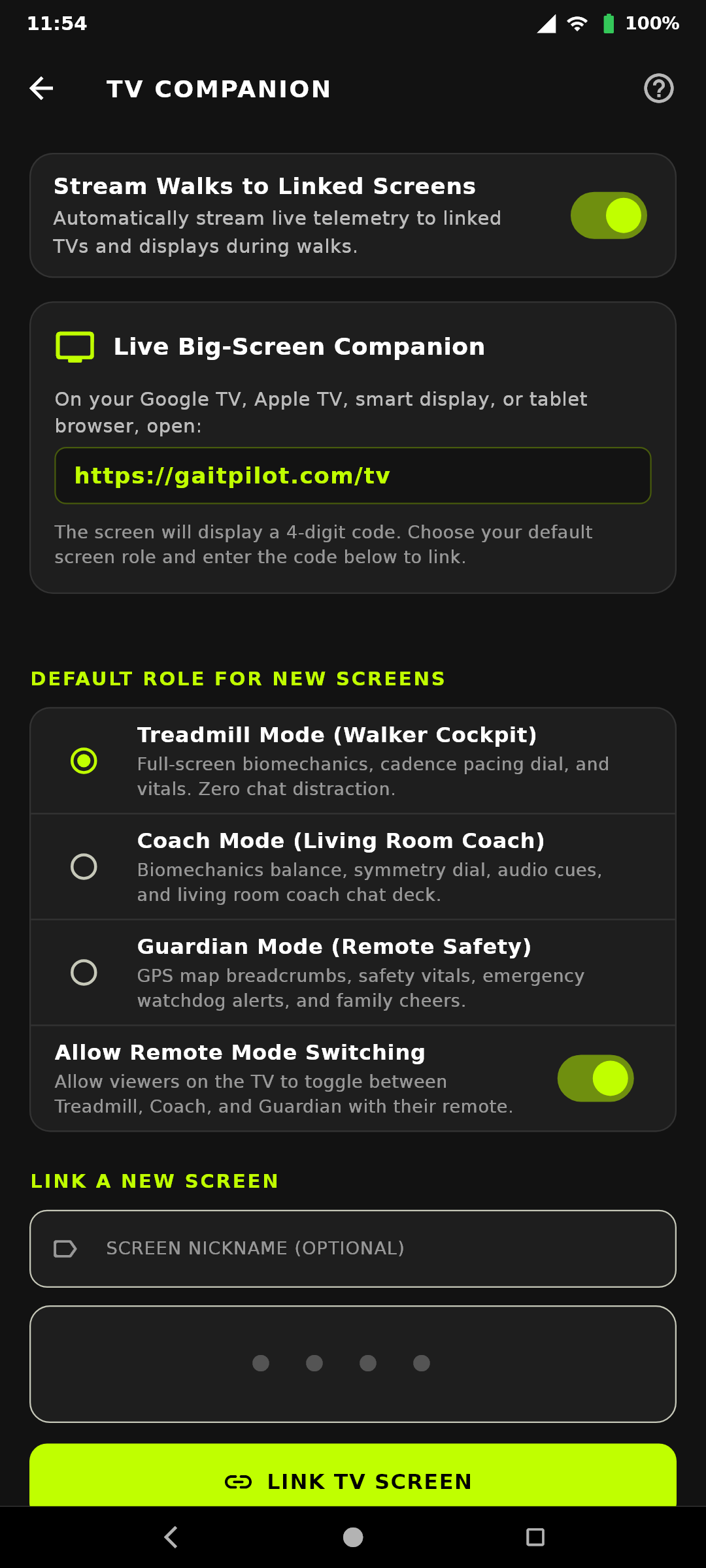 TV Companion Settings in the GaitPilot Mobile App